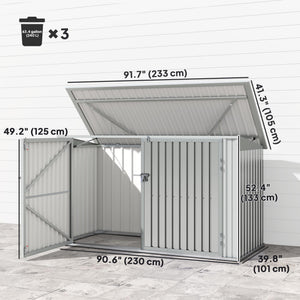 Garden shed with 3 bin compartments, double lockable door and hinged lid, silver grey 