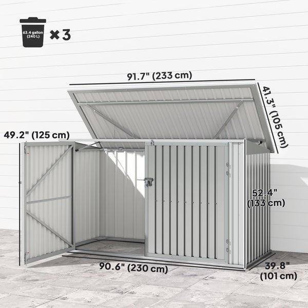 Garden shed with 3 bin compartments, double lockable door and hinged lid, silver grey 