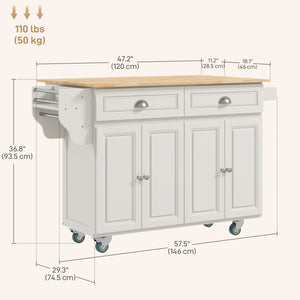 Kitchen island with drop-leaf storage, rubberwood top and adjustable shelves, cream white