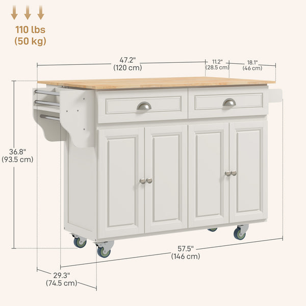 Cream-white mobile kitchen island with fold-down solid wood countertop and storage