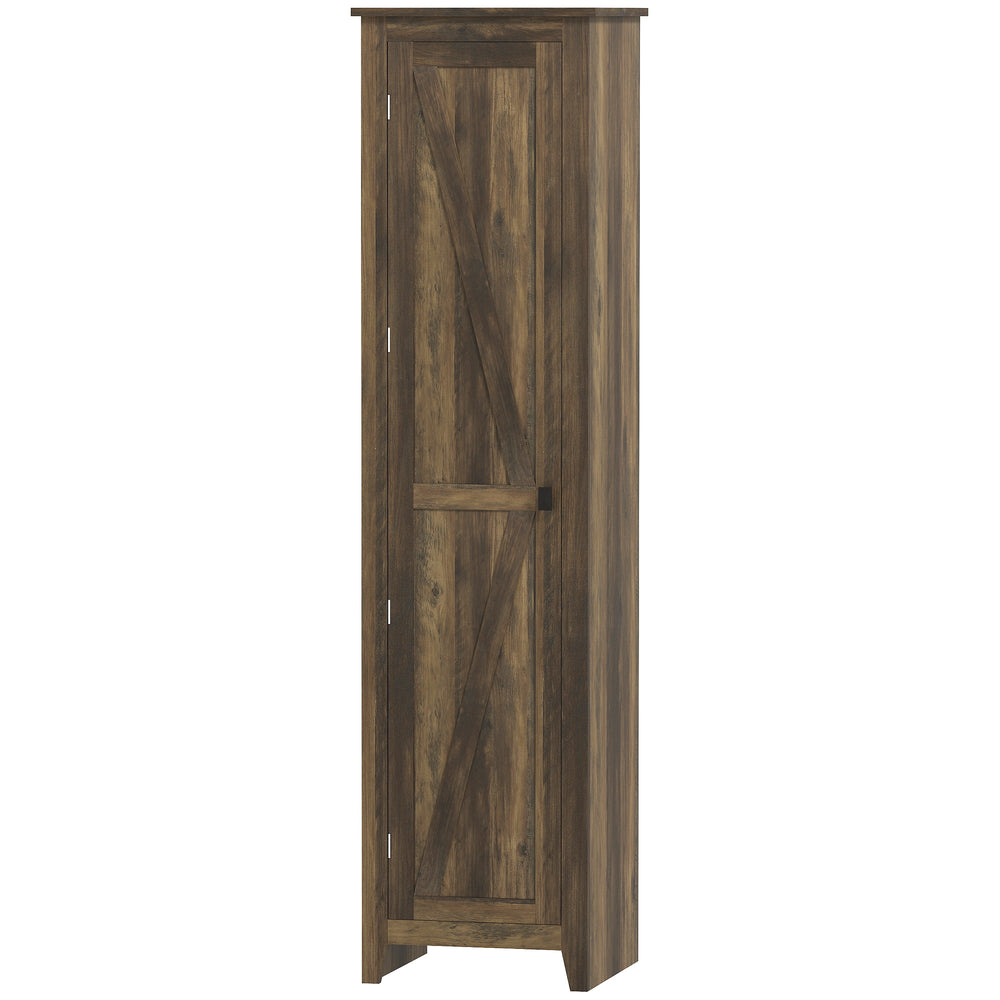 Tall storage cabinet with barn door and adjustable shelves, brown