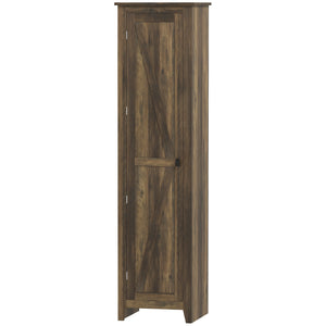 Tall storage cabinet with barn door and adjustable shelves, brown