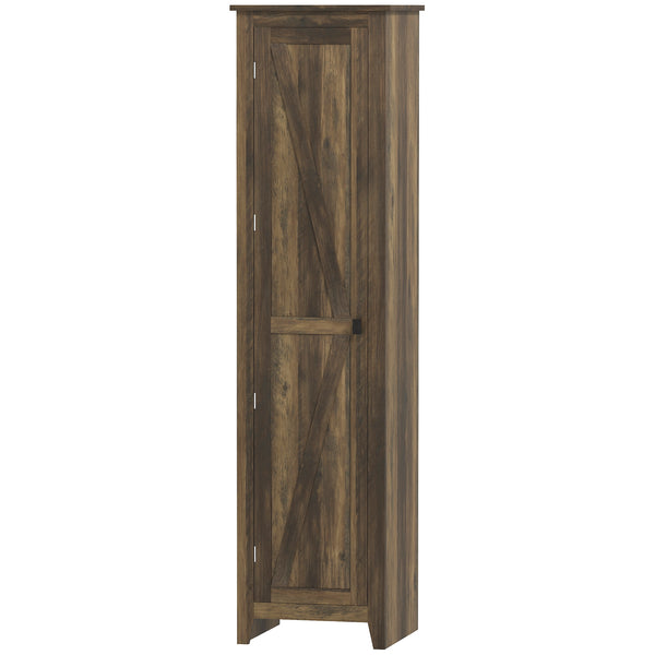 Tall storage cabinet with barn door and adjustable shelves, brown