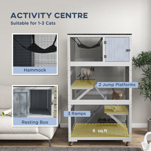 Cat enclosure on wheels with hammock and several resting platforms, grey