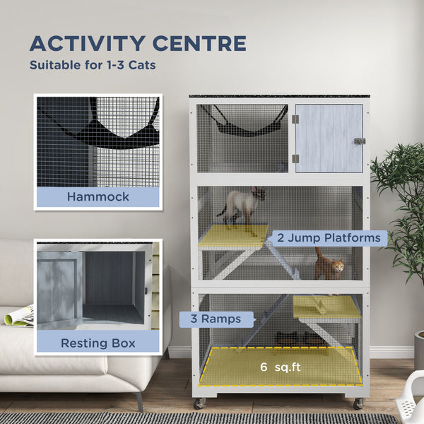 Cat enclosure on wheels with hammock and several resting platforms, grey