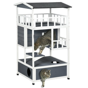 Four-story wooden cat house with cat cave and perch, grey