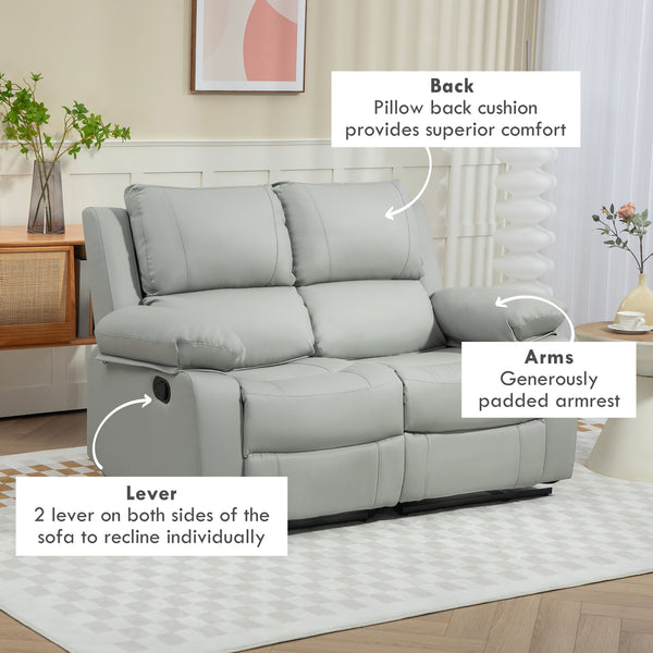 Manual Reclining Faux Leather Sofa with Footrest, Light Grey