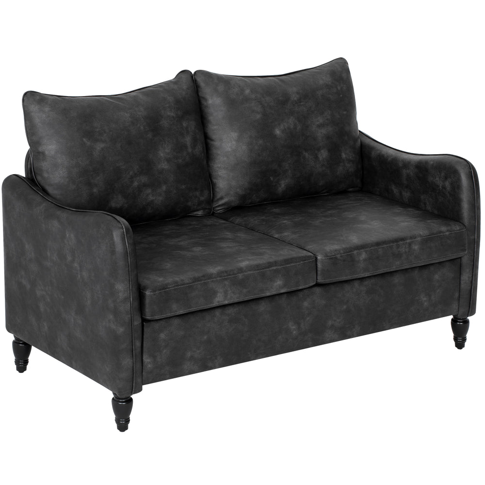2 seater sofa with solid wood legs upholstered in faux leather, gray