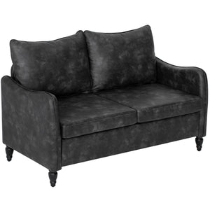 2 seater sofa with solid wood legs upholstered in faux leather, gray