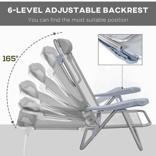 Set of 2 beach chairs, camping chairs with adjustable backrest and headrest, light gray
