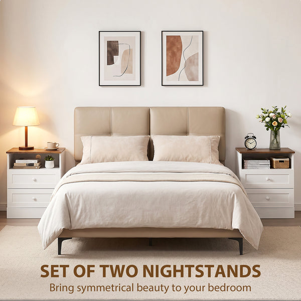 Nightstand with charging station and 2 drawers, set of 2, white and oak