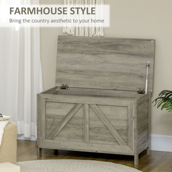 Farmhouse style storage chest, 100° opening safety hinge, grey wood grain