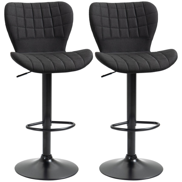 Set of 2 bar stools with wide seat, backrest and footrest, black