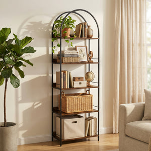 5-tier arched bookshelf with metal frame – Rustic brown and black