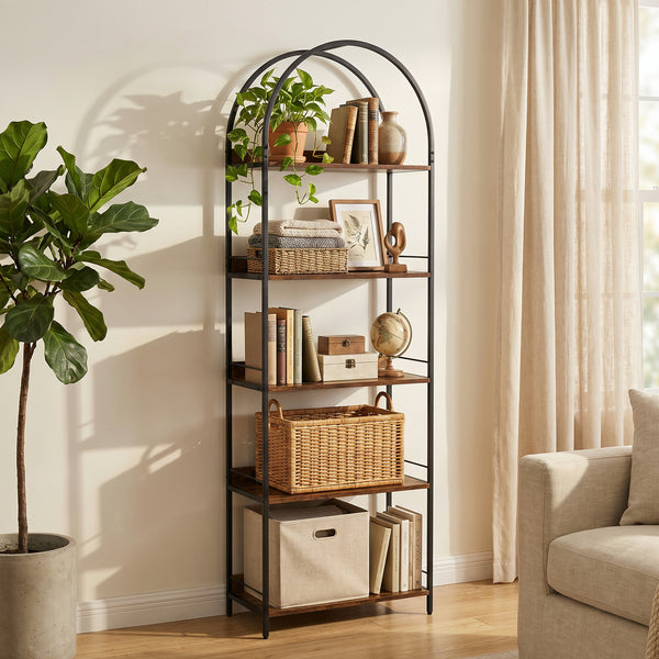 5-tier arched bookshelf with metal frame – Rustic brown and black