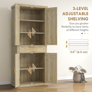 Rattan pantry with 4 doors, drawer, 5-tier shelf, adjustable shelves, oak color