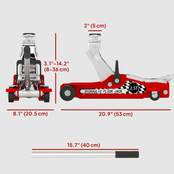 2.5-ton extra-low profile hydraulic jack with lifting range up to 14.1 in
