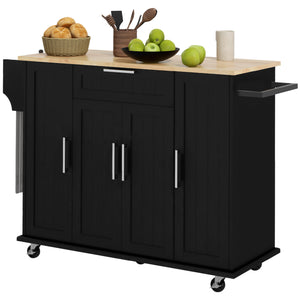 Modern Kitchen Trolley with Drawers, Natural Wood Top, Towel Rack, Door Storage Cabinet, Black