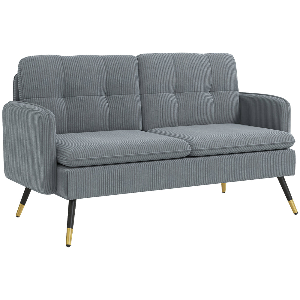 Two-seater corduroy sofa with springs, steel legs and tufting, dark gray