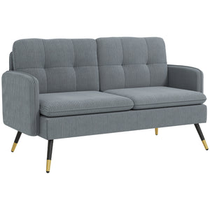 Two-seater corduroy sofa with springs, steel legs and tufting, dark gray