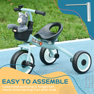 Tricycle with adjustable seat, basket, bell, blue