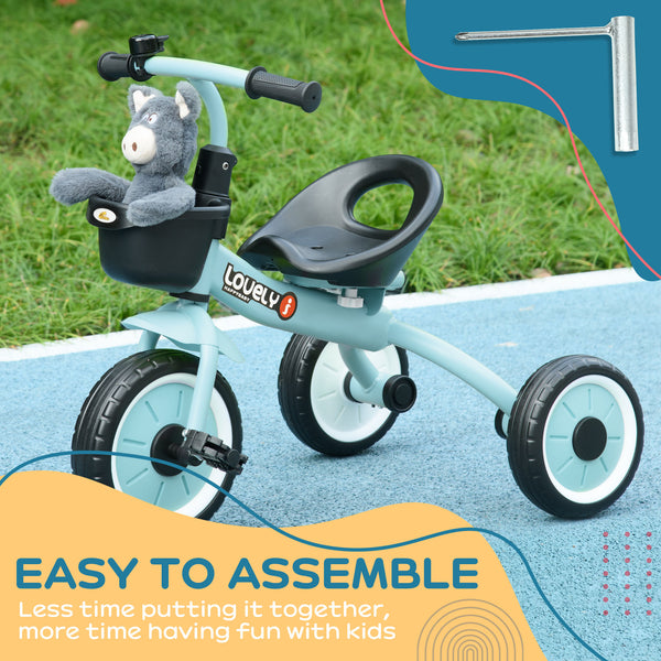 Tricycle with adjustable seat, basket, bell, blue