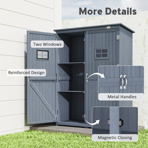 Wooden garden shed for tools with windows and double door, dark grey