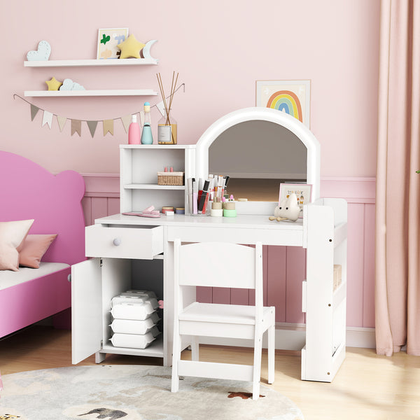 Dressing table and chair with illuminated mirror, wardrobe, drawer and shelves, white