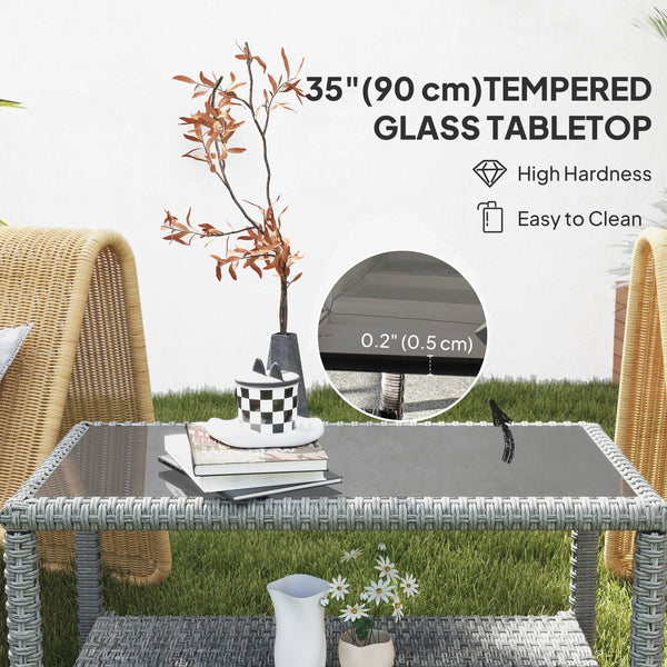 Outdoor Wicker Coffee Table with Glass Top, Dark Grey