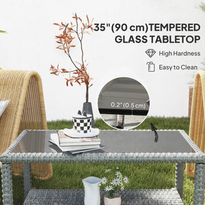 Outdoor coffee table in woven resin with glass top and storage shelf, grey