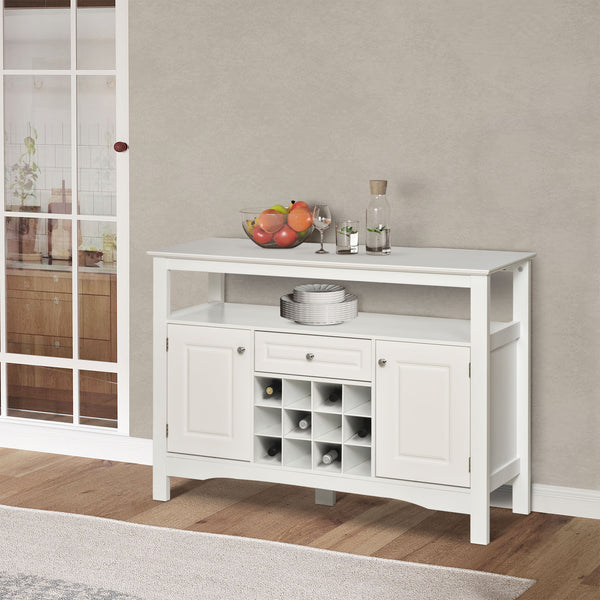 Modern kitchen sideboard with drawer and 12-bottle wine rack, white.