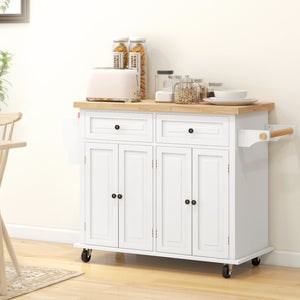 Kitchen island with storage, rolling with rubberwood top, spice rack, towel rack, cream white
