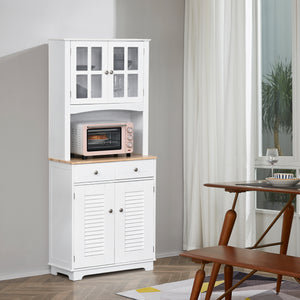 Coastal style kitchen sideboard and display cabinet with framed glass door, louvered drawers, white.