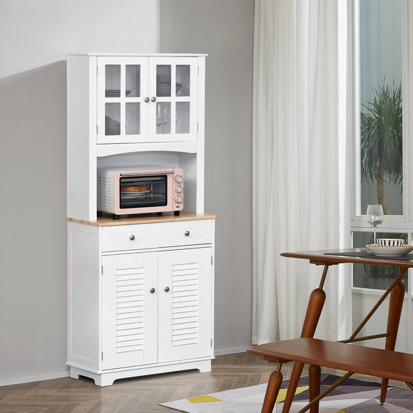 Coastal style kitchen sideboard and display cabinet with framed glass door, louvered drawers, white.