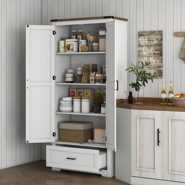 Country style pantry cabinet with 2 doors, drawer and adjustable shelves, white