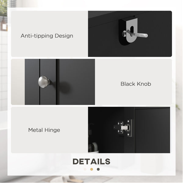 Freestanding bathroom storage unit with shelves and 2 cupboards, black