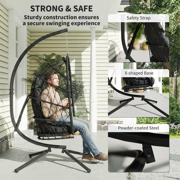 Hanging chair with stand, in woven rattan with thick cushion and safety rope, black