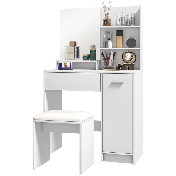 Dressing table with mirror and stool, storage drawer, white