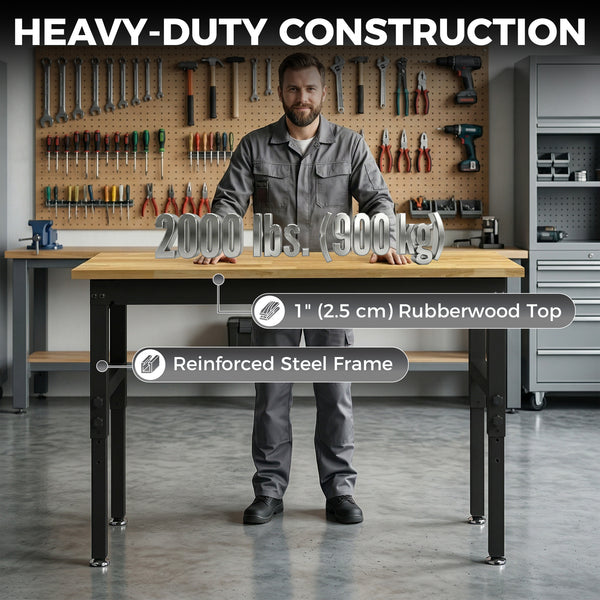 Height-adjustable heavy-duty workbench with power outlets, USB ports, and tool pegboard – Natural wood and black