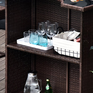 5-Piece Patio Bar Set, Synthetic Rattan Table and High Chairs, with Tempered Glass Top, Dark Brown