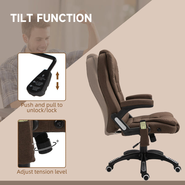 Reclining massage office chair with high back and swivel casters, brown