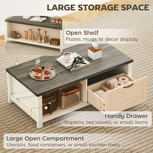 Farmhouse Coffee Table with Drawer and Open Shelf, Distressed White