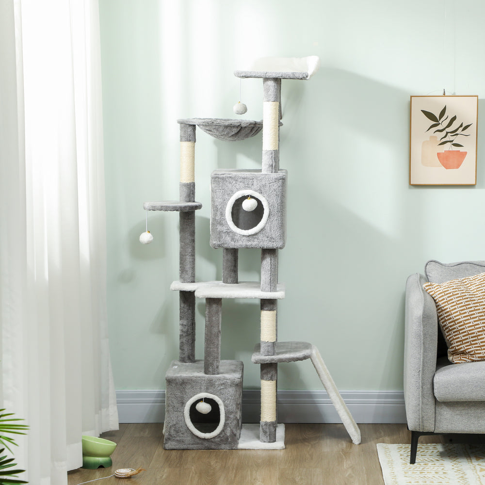 65-inch Cat Tree with 2 Doors, Plush Perch, Hammock, Sisal Scratching Posts, Grey