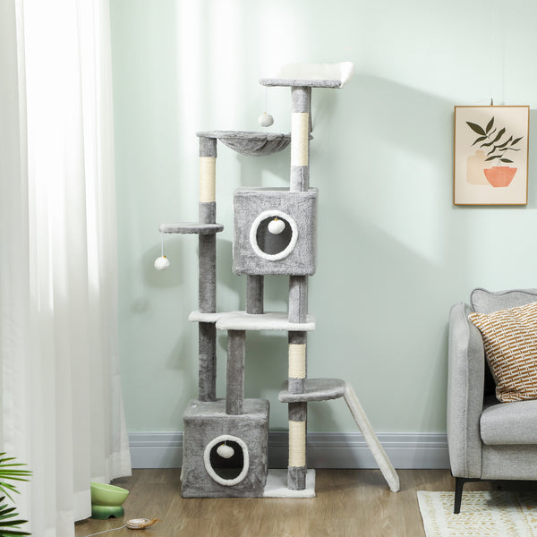 65-inch Cat Tree with 2 Doors, Plush Perch, Hammock, Sisal Scratching Posts, Grey