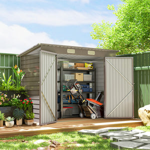 Galvanized garden shed with double doors and 2 vents, light grey