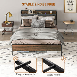 Double Bed Frame with Charging Station, Upholstered Headboard and Storage Shelf, Walnut