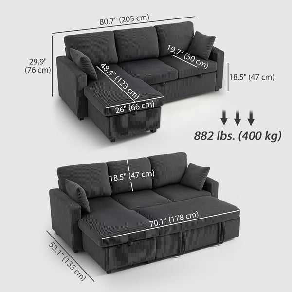 81" Sofa Bed, 2 In 1 Pull Out Sleeper Sofa Bed with Storage, Corduroy Convertible Couch for Living Room, Dark Grey