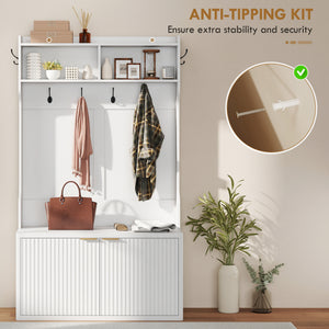 4-in-1 coat rack with integrated shoe bench and open shelf for entryway, white