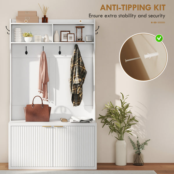 4-in-1 coat rack with integrated shoe bench and open shelf for entryway, white