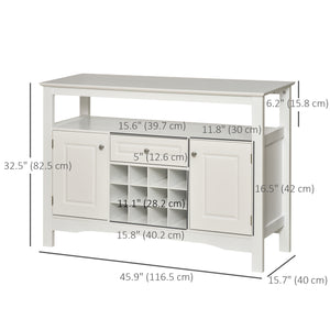 Modern kitchen sideboard with drawer and 12-bottle wine rack, white.